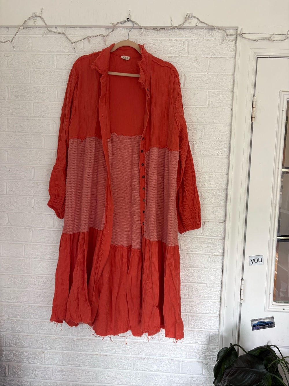 POL Coral Button-Front Lightweight Shirt Dress/Duster